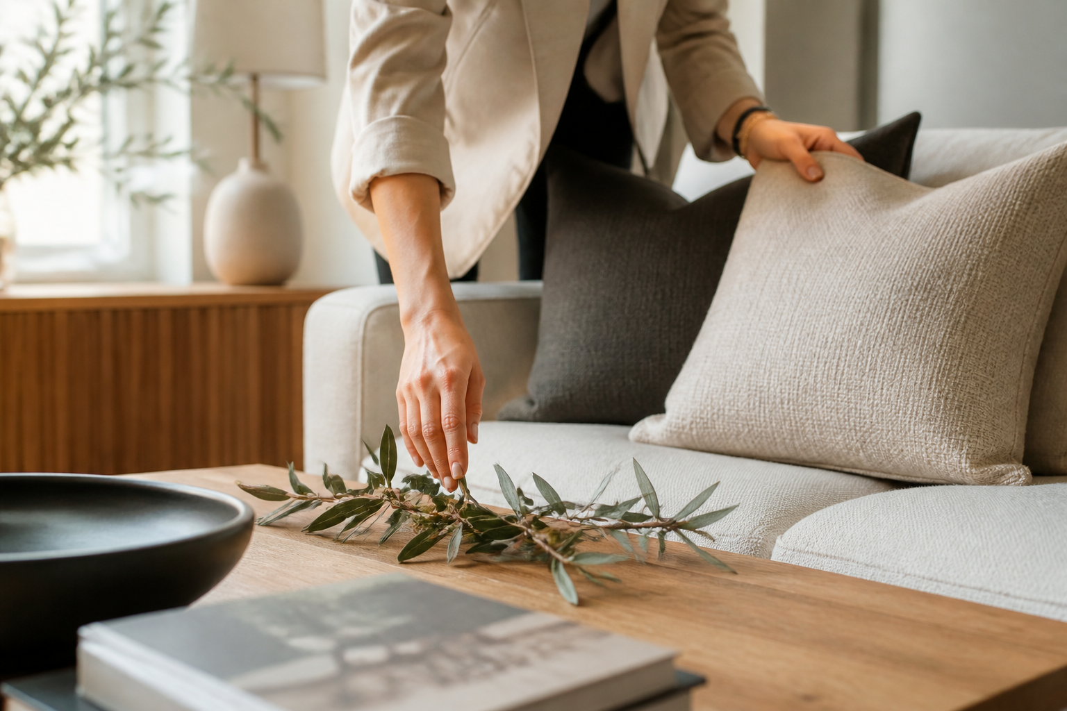 Home stager przygotowujący detal aranżacji salonu