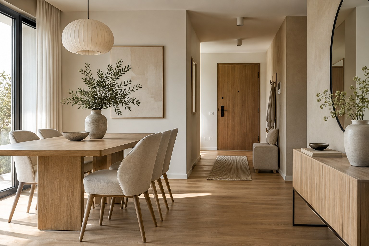 Nowoczesna jadalnia i hol po aranżacji home stagingowej